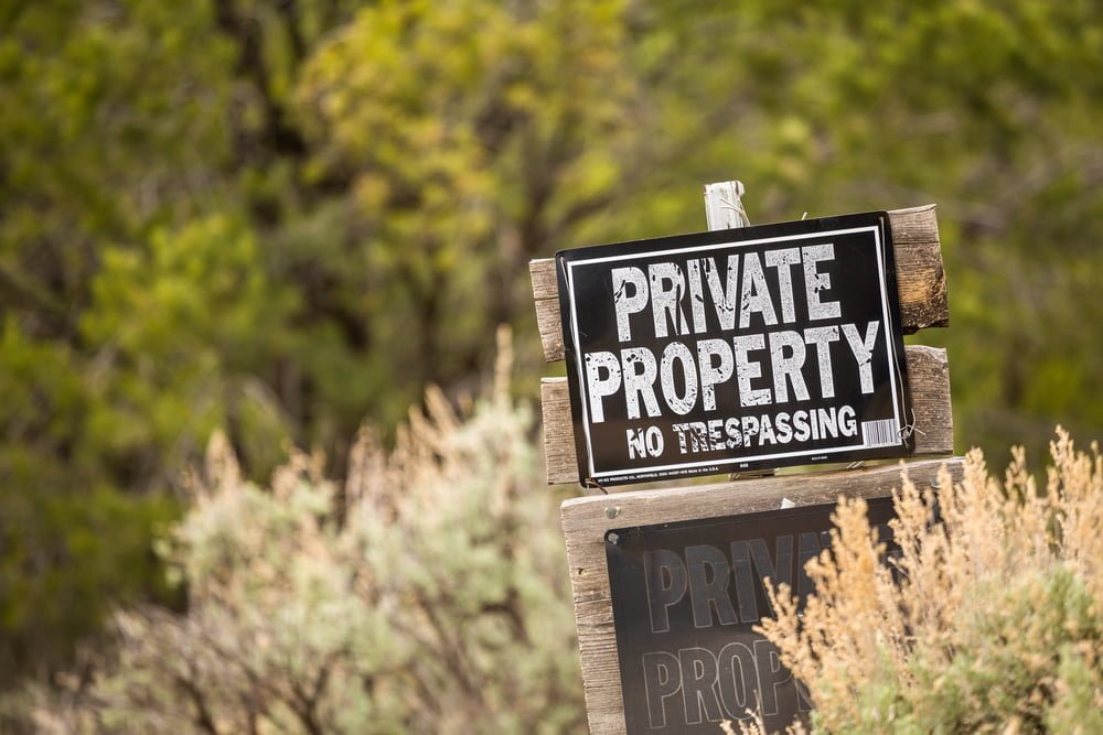 A "private property" sign to illustrate an attorney article on trespassing